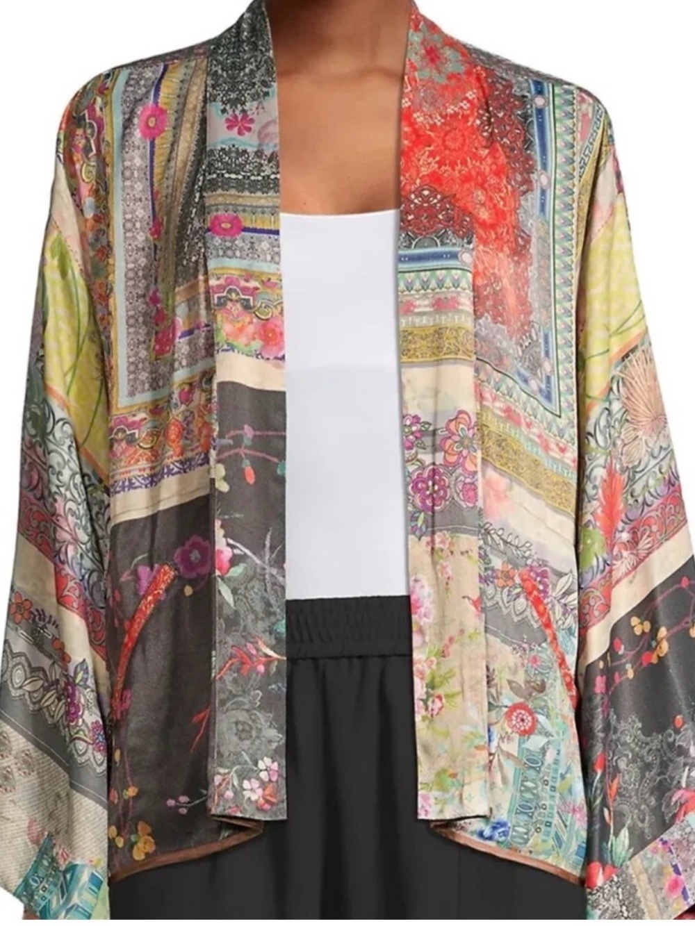 Johnny Was Multicolored Embroidered Floral Patch boho Kimono